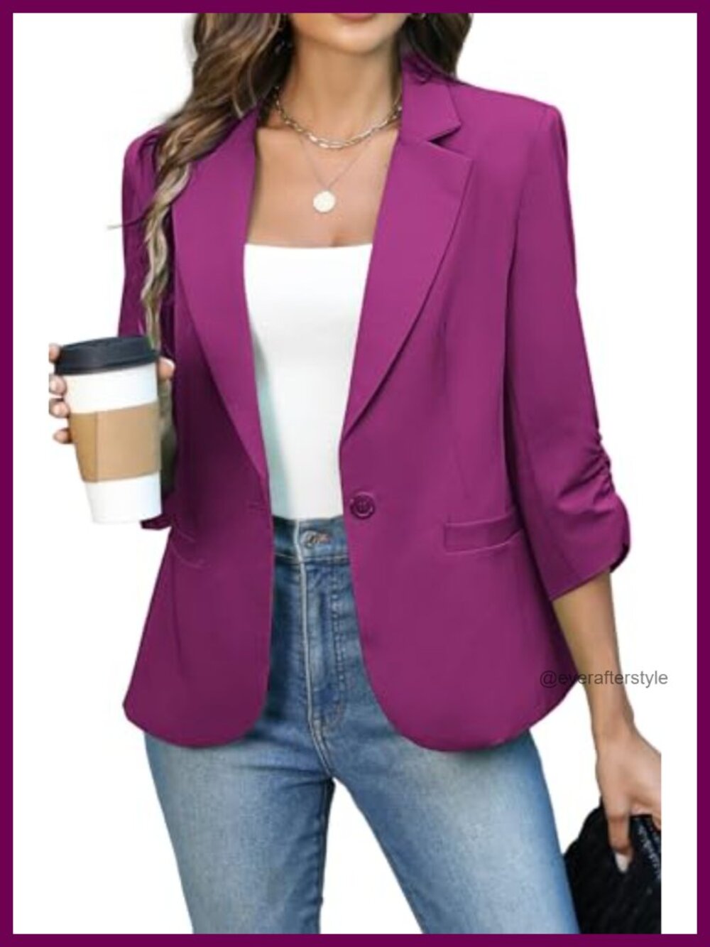 ELLEVEN Women's Ruched 3/4 Sleeve Blazer Lightweight Fitted Business Casual